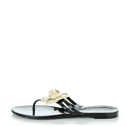 Chanel Jelly Camellia Thong Sandals 38 Black Ivory 1 of 16