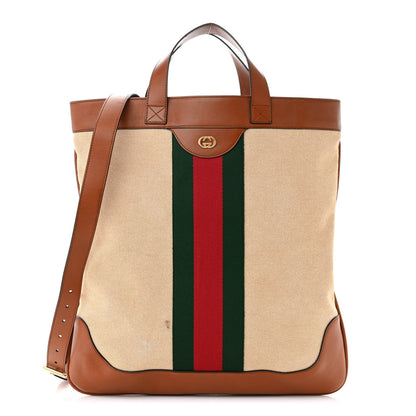 Gucci Vintage Canvas Calfskin Web Flat Tote Sand Light Cuir 1 of 11