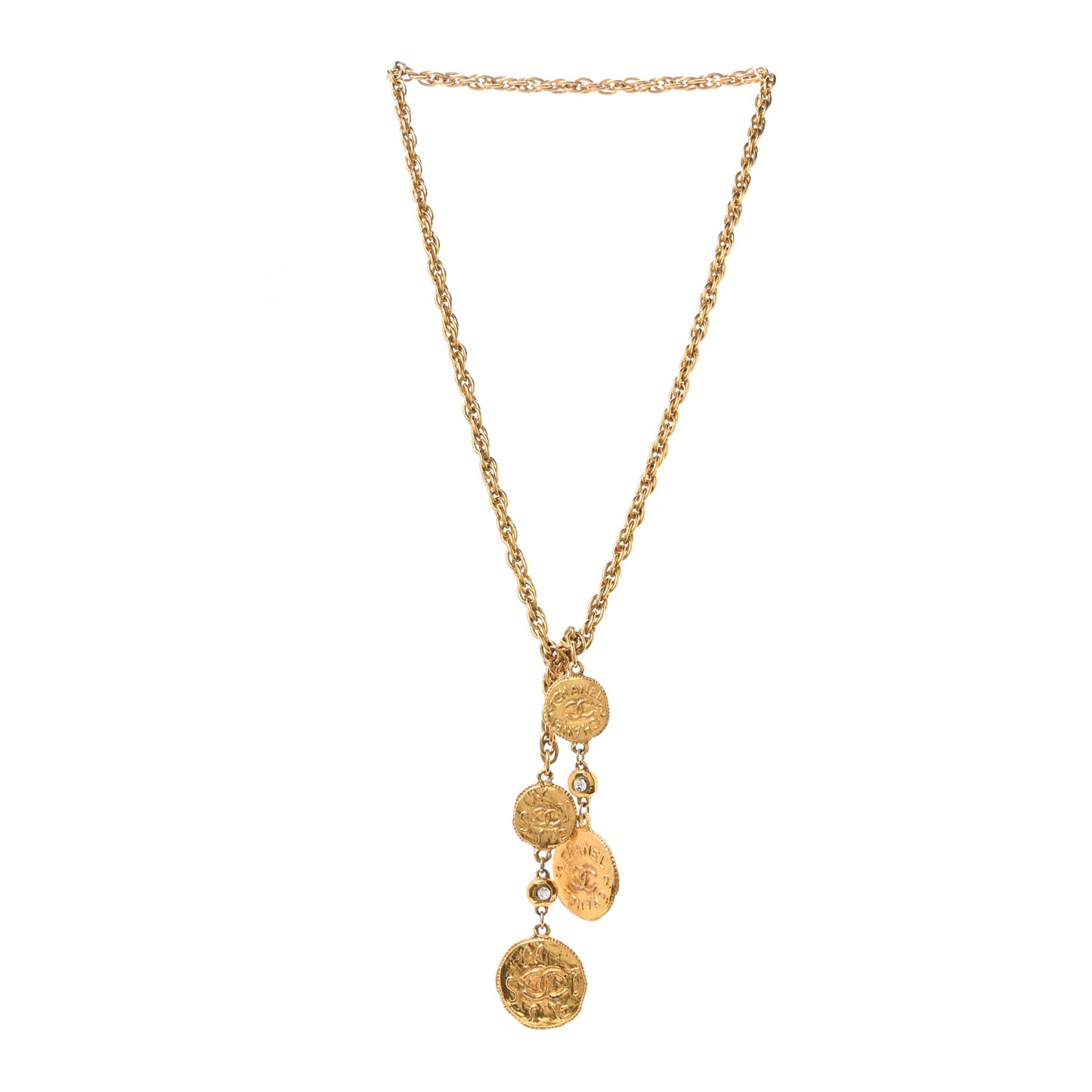 Metal Crystal CC Medallion Lariat Necklace Gold