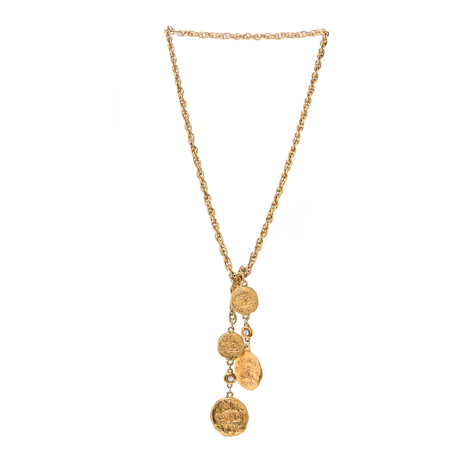 Chanel Metal Crystal CC Medallion Lariat Necklace Gold 1 of 4