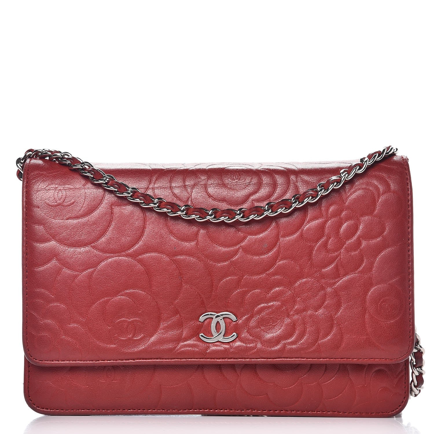 Chanel Lambskin Camellia Embossed Wallet On Chain WOC Dark Red 1 of 18