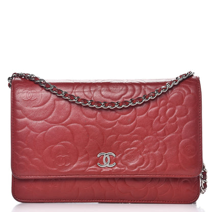 Chanel Lambskin Camellia Embossed Wallet On Chain WOC Dark Red 1 of 18
