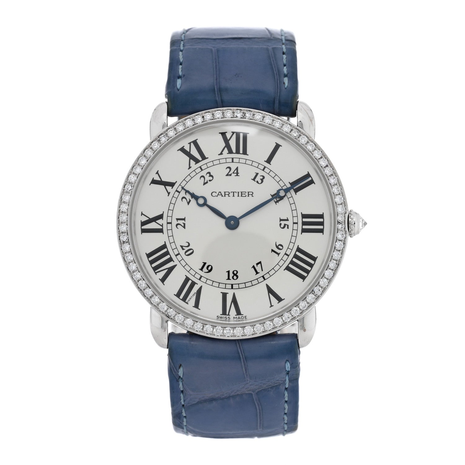 Cartier 18K White Gold Alligator Diamond Bezel 36mm Ronde Louis Manual Winding Watch Blue 1 of 4