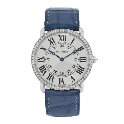 Cartier 18K White Gold Alligator Diamond Bezel 36mm Ronde Louis Manual Winding Watch Blue 1 of 4