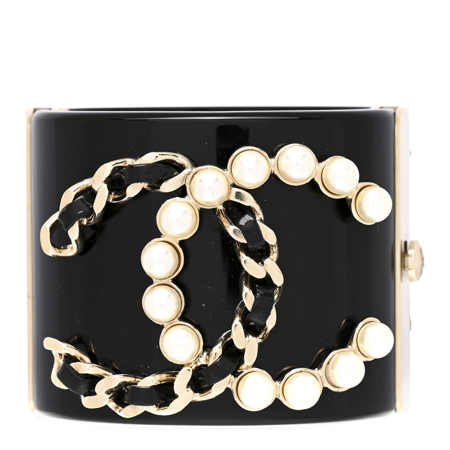 Pearl Calfskin Chain CC Cuff Black Gold