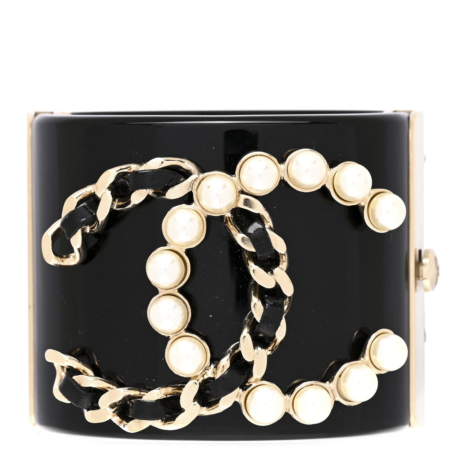 Chanel Pearl Calfskin Chain CC Cuff Black Gold 1 of 7