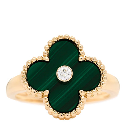 Van Cleef & Arpels 18K Yellow Gold Diamond Malachite Vintage Alhambra Ring 53 6.5 1 of 5