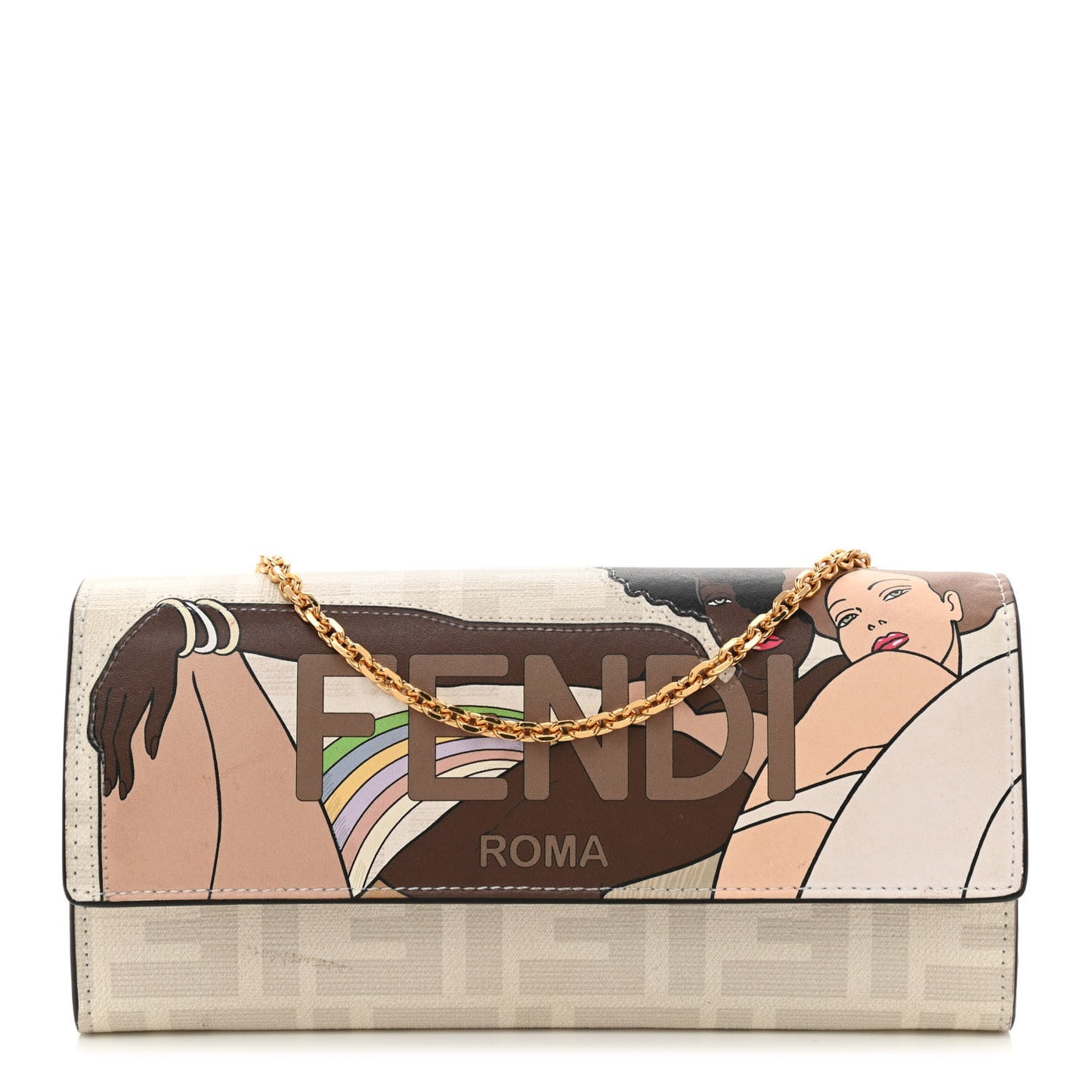 Glazed Fabric Vitello Liberty FF Logo Bikini Girls Inlay Continental Wallet On Chain Bianco Perla Multicolor