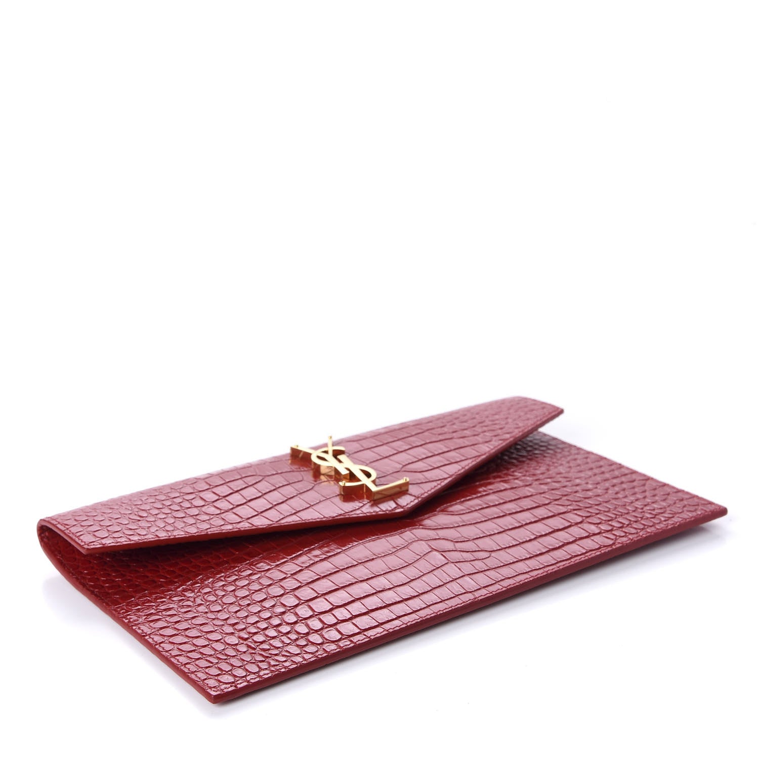 Saint Laurent Calfskin Crocodile Embossed Uptown Monogram Clutch Rouge Eros 4 of 9