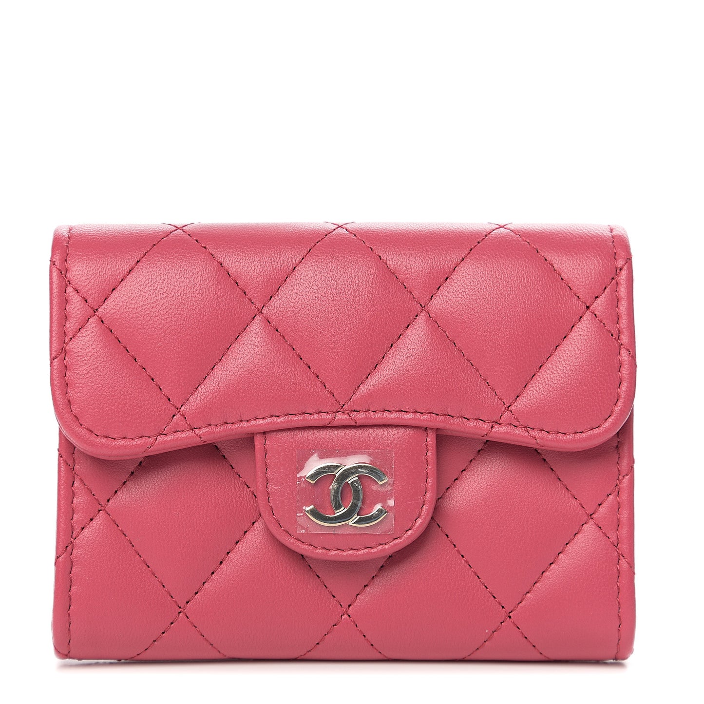 Lambskin Quilted Flap Card Holder Wallet Dark Pink