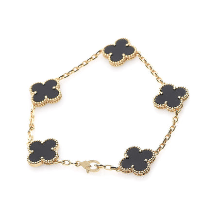 Van Cleef & Arpels 18K Yellow Gold Black Onyx 5 Motifs Vintage Alhambra Bracelet 2 of 5