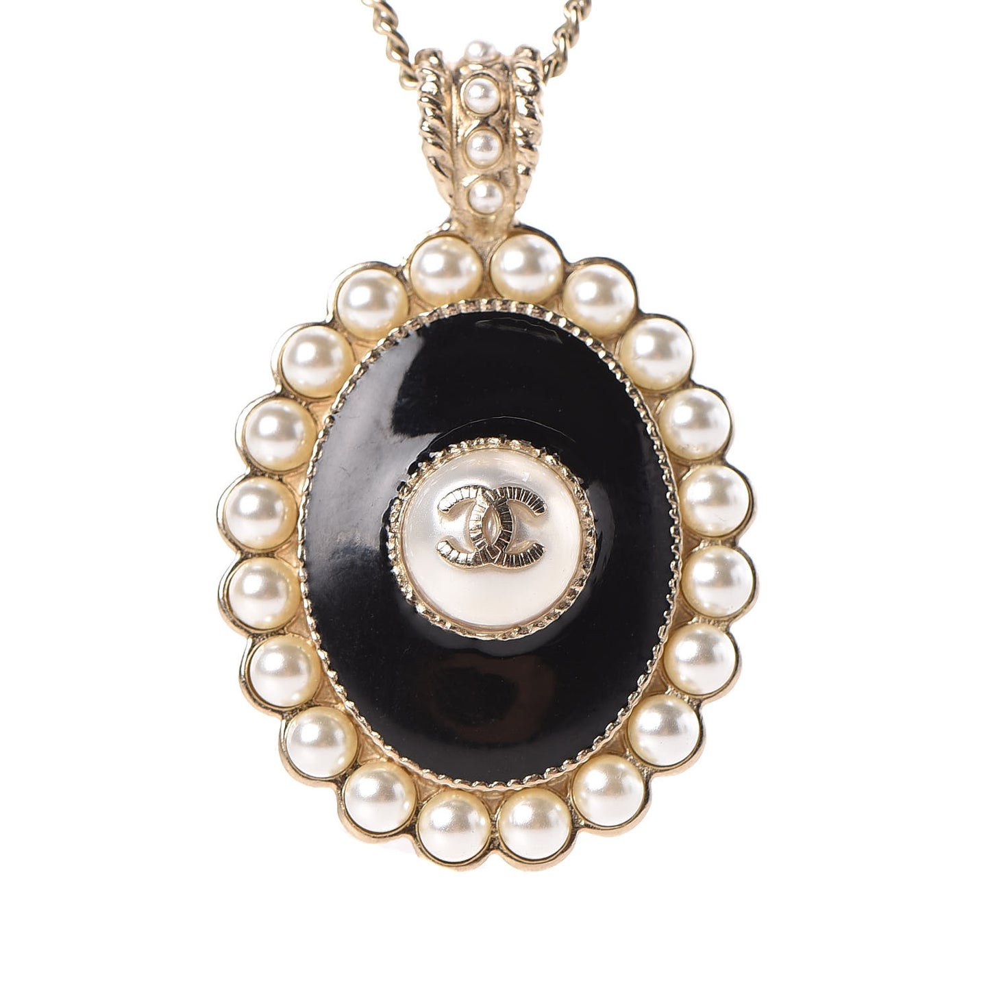 Gripoix Poured Glass Pearl CC Pendant Necklace Black Light Gold