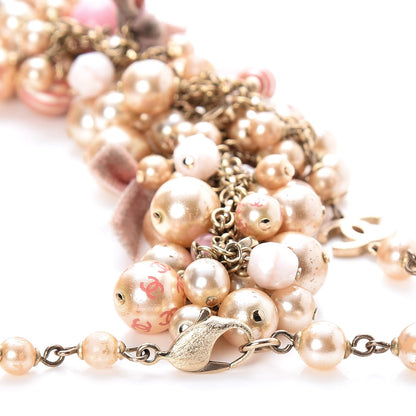 Chanel Pearl CC Beaded Velvet Bow Long Necklace Pink Ivory 4 of 6