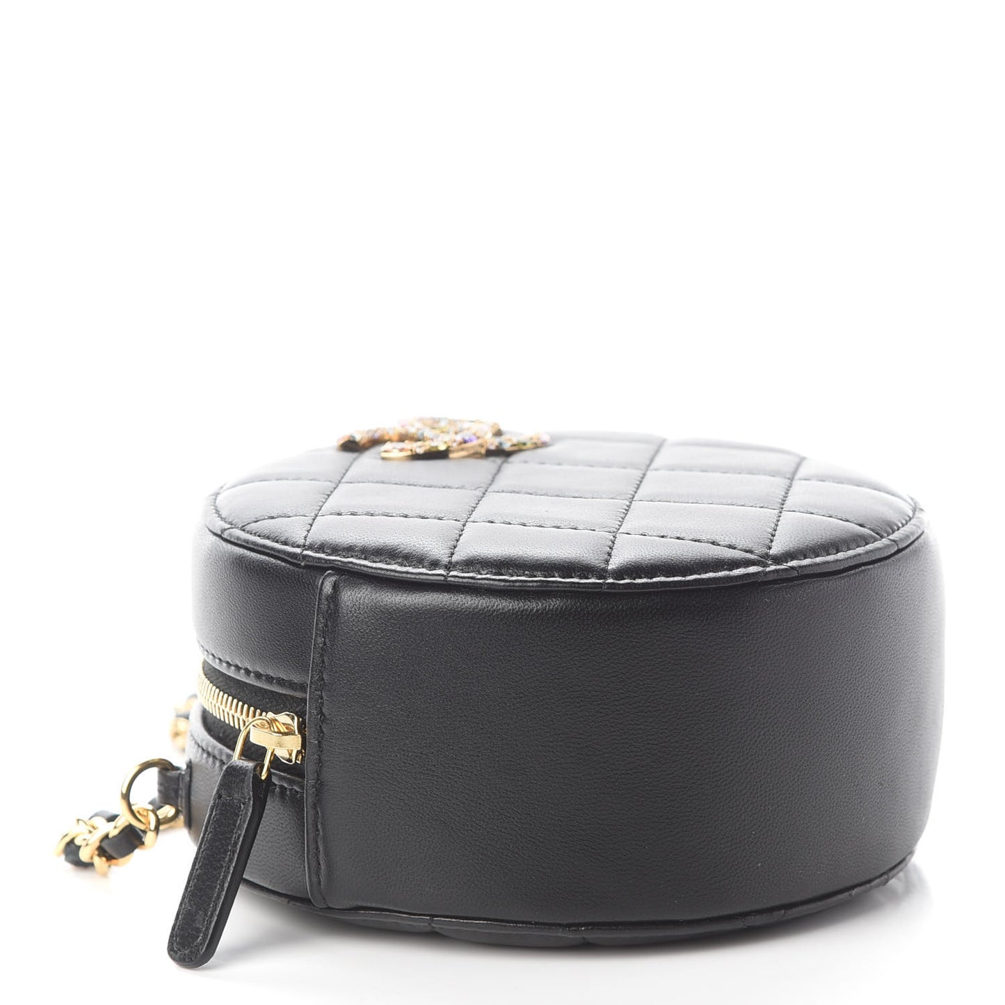 Lambskin Quilted Zirconium Round Clutch With Chain Black