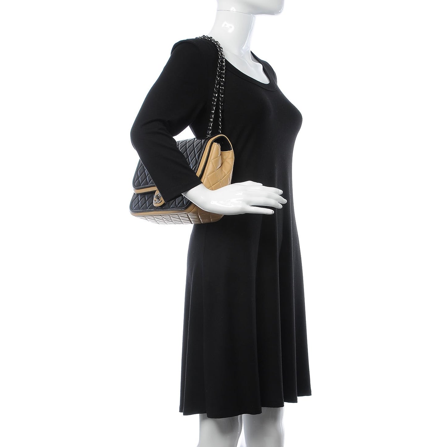 Lambskin Quilted Large Twist Two Tone Flap Bag Black Beige