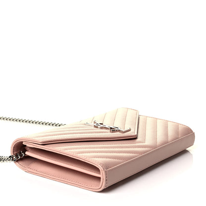 Saint Laurent Grain De Poudre Matelasse Chevron Monogram Chain Wallet Pale Pink 3 of 5