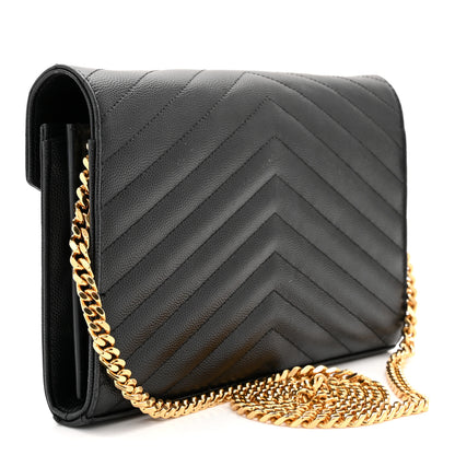 Saint Laurent Grain De Poudre Matelasse Chevron Monogram Chain Wallet Black 3 of 10