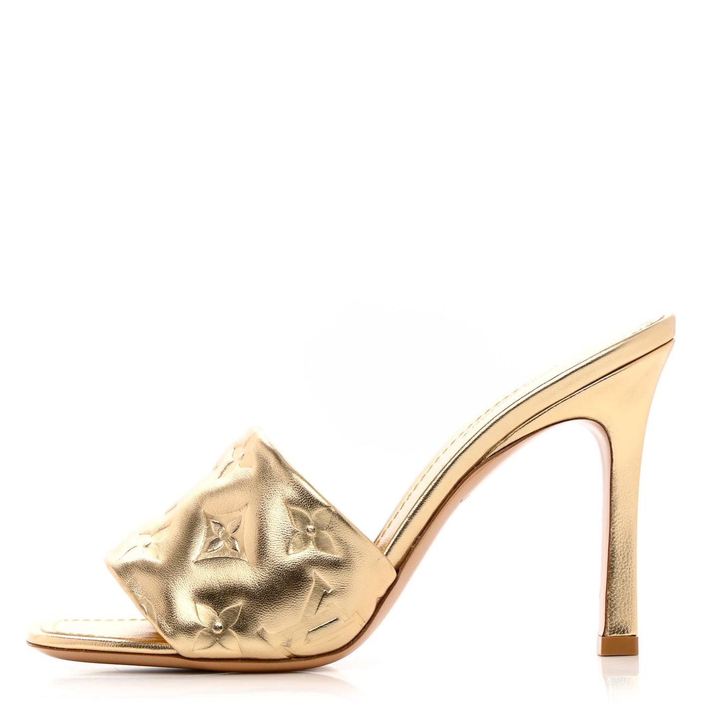 Metallic Lambskin Embossed Monogram Revival High Heel Mules 37 Gold
