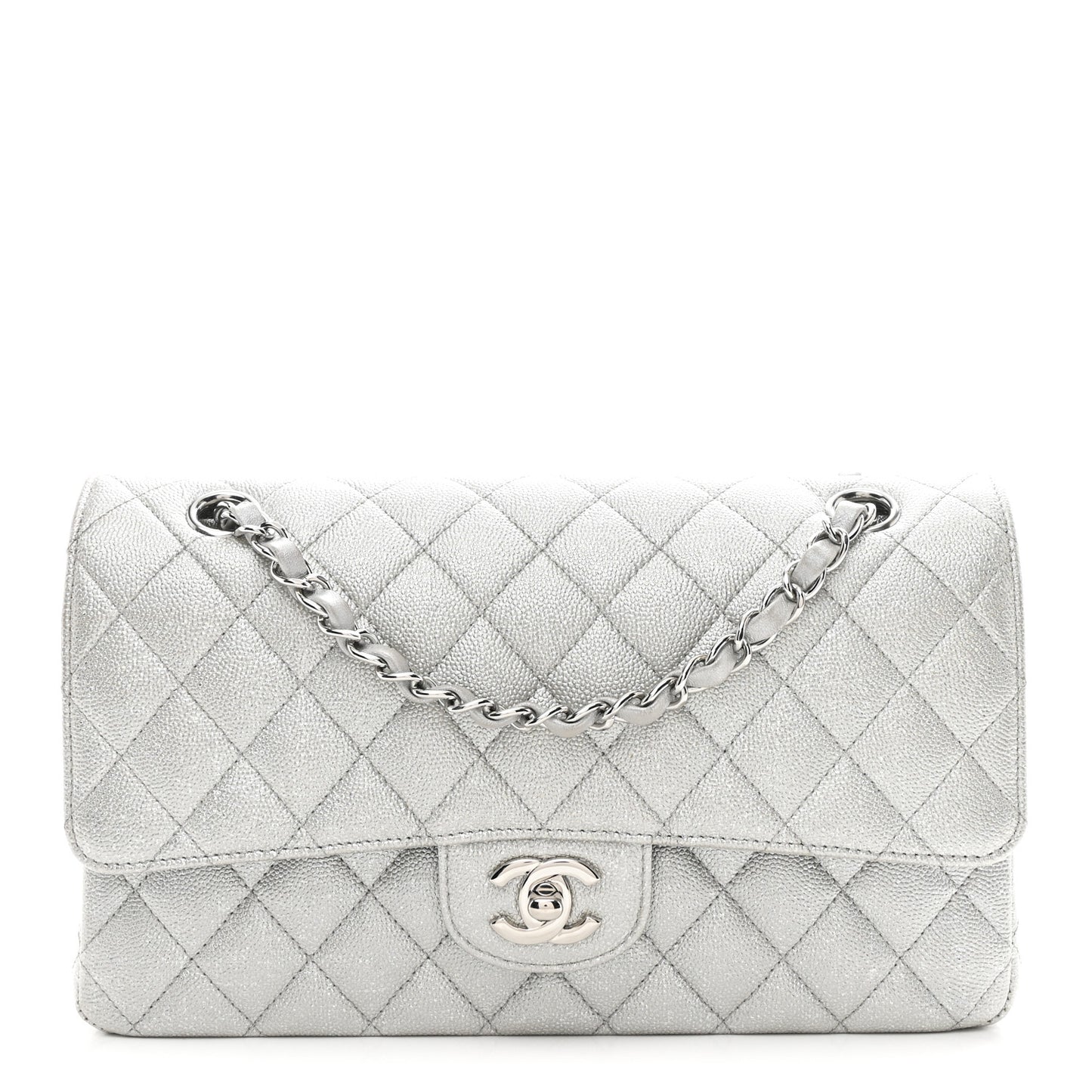 Glittered Metallic Caviar Quilted Medium Double Flap Silver