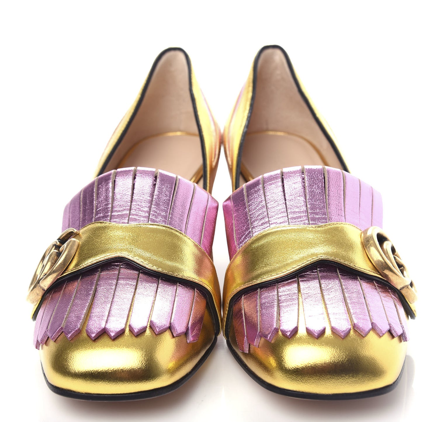 Metallic Nappa Inlay GG Marmont Fringe 50mm Loafer Pumps 35.5 Oro Vecchio Rosa