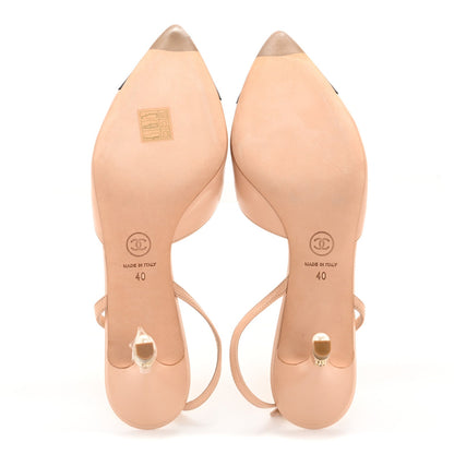 Chanel Lambskin Satin Cap Toe CC Slingback Heels 40 Beige Black 6 of 10