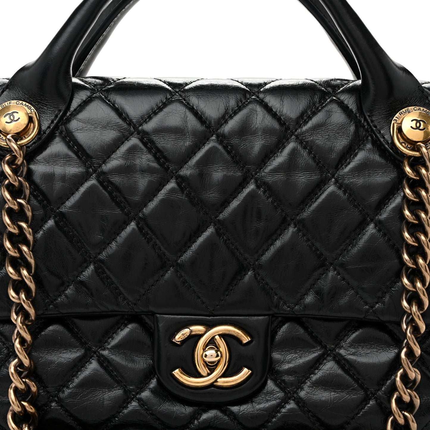 Glazed Calfskin Castle Rock Medium Flap Black