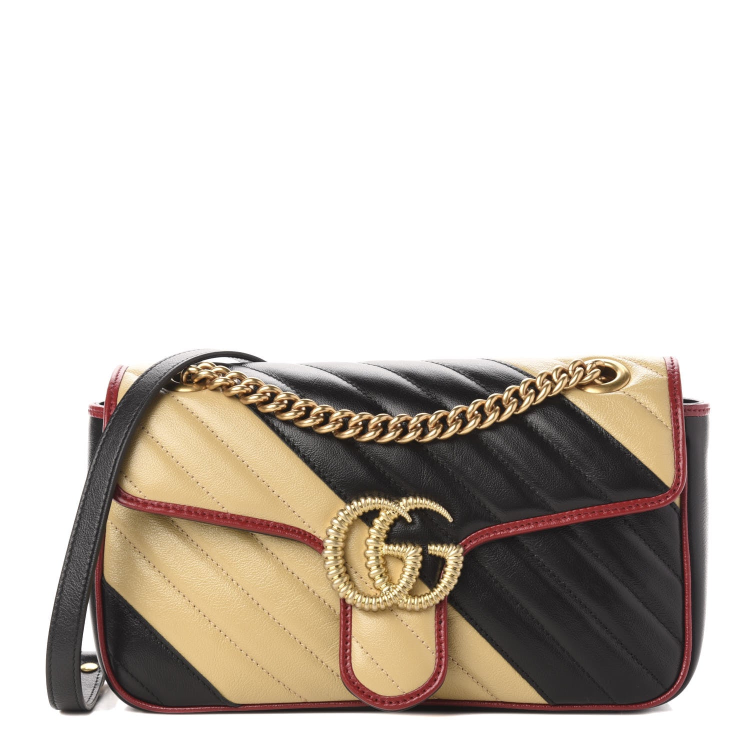 Gucci Vintage Effect Calfskin Matelasse Diagonal Striped Small Torchon GG Marmont Shoulder Bag Black Beige 1 of 16
