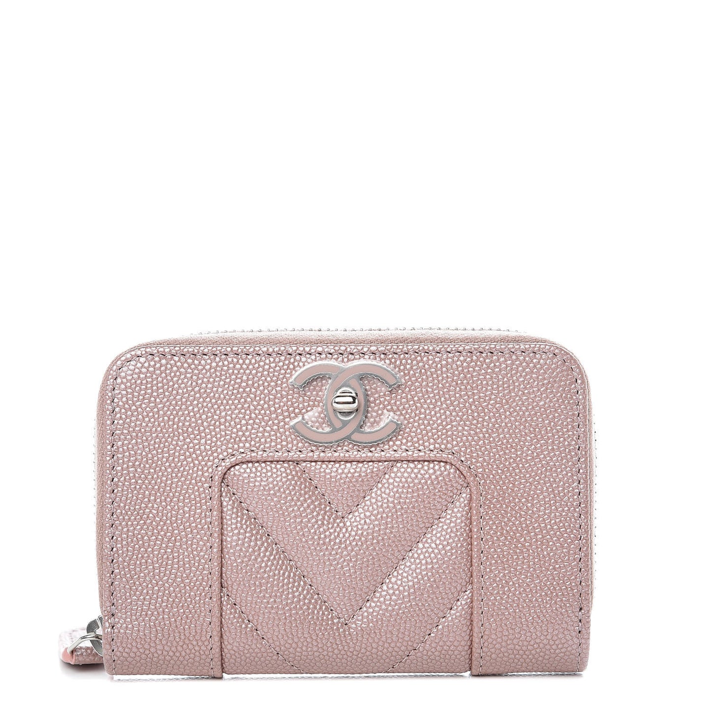Metallic Caviar Chevron Quilted Vintage Mademoiselle Zip Coin Purse Pink