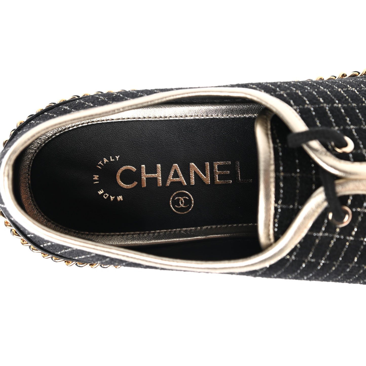Tweed Lambskin Chain Lace Up Espadrille Sneakers 39 Black Gold