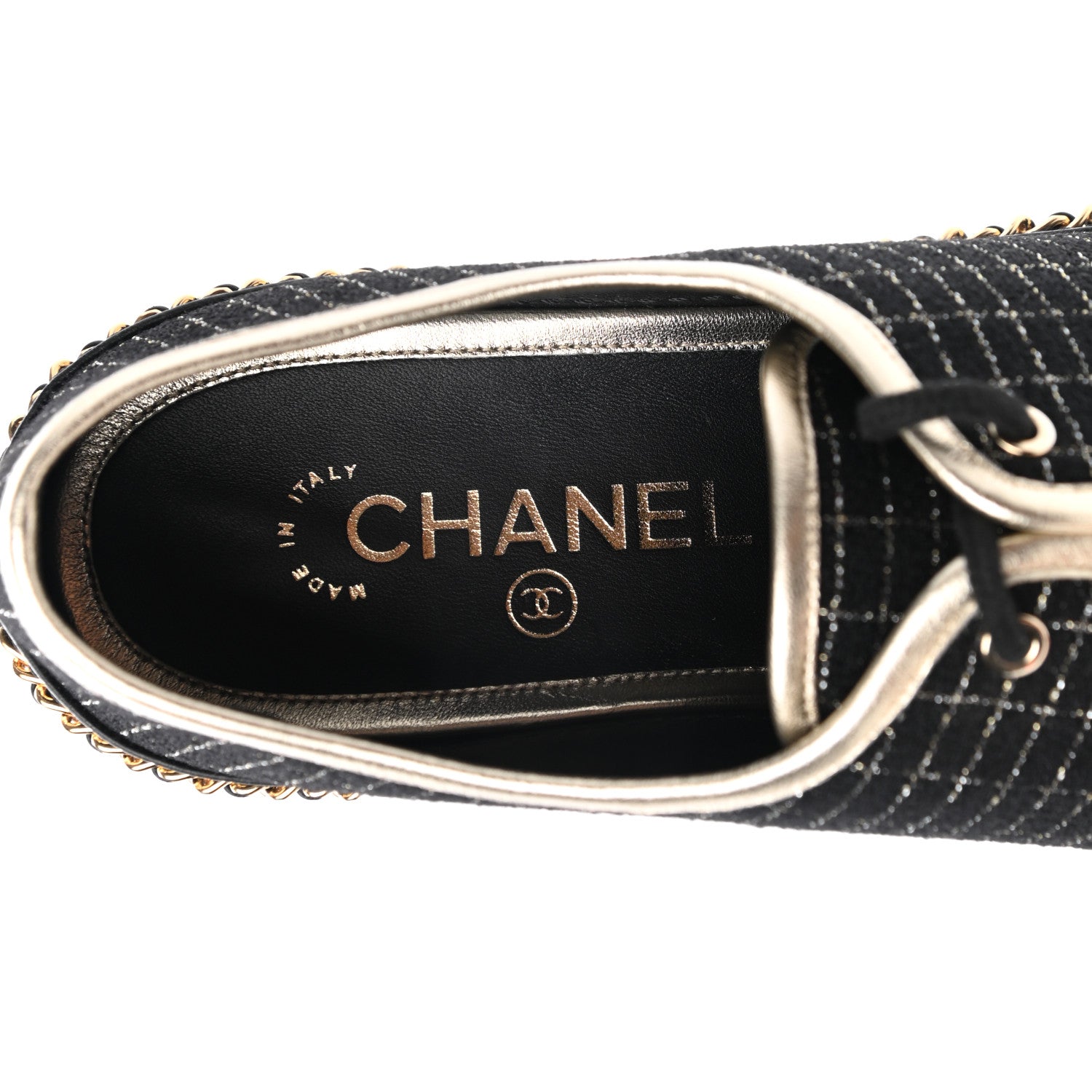 Chanel Tweed Lambskin Chain Lace Up Espadrille Sneakers 39 Black Gold 7 of 9