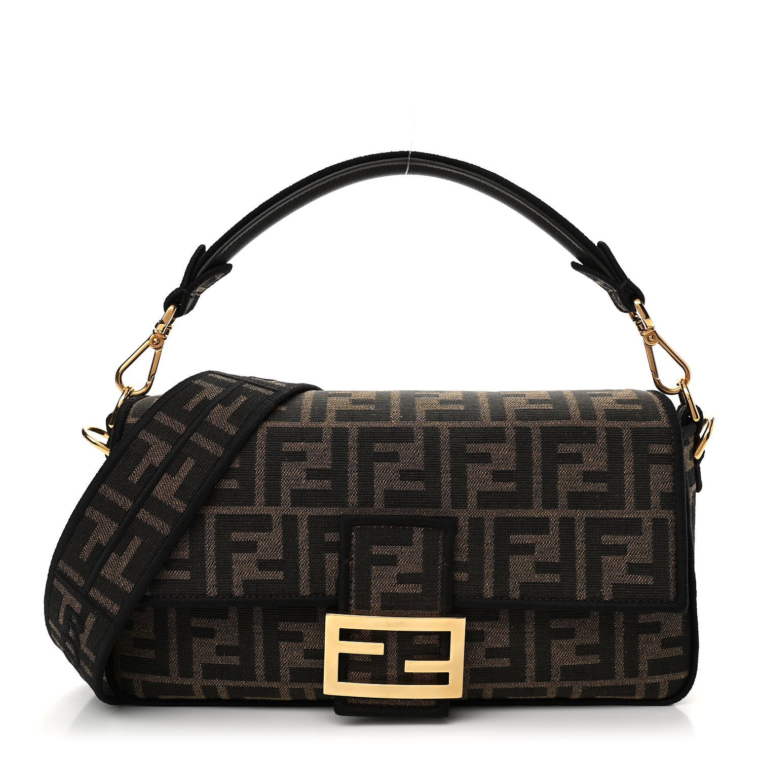 Fendi Fabric Jacquard FF 1974 Medium Baguette Tobacco Moro Black 1 of 9