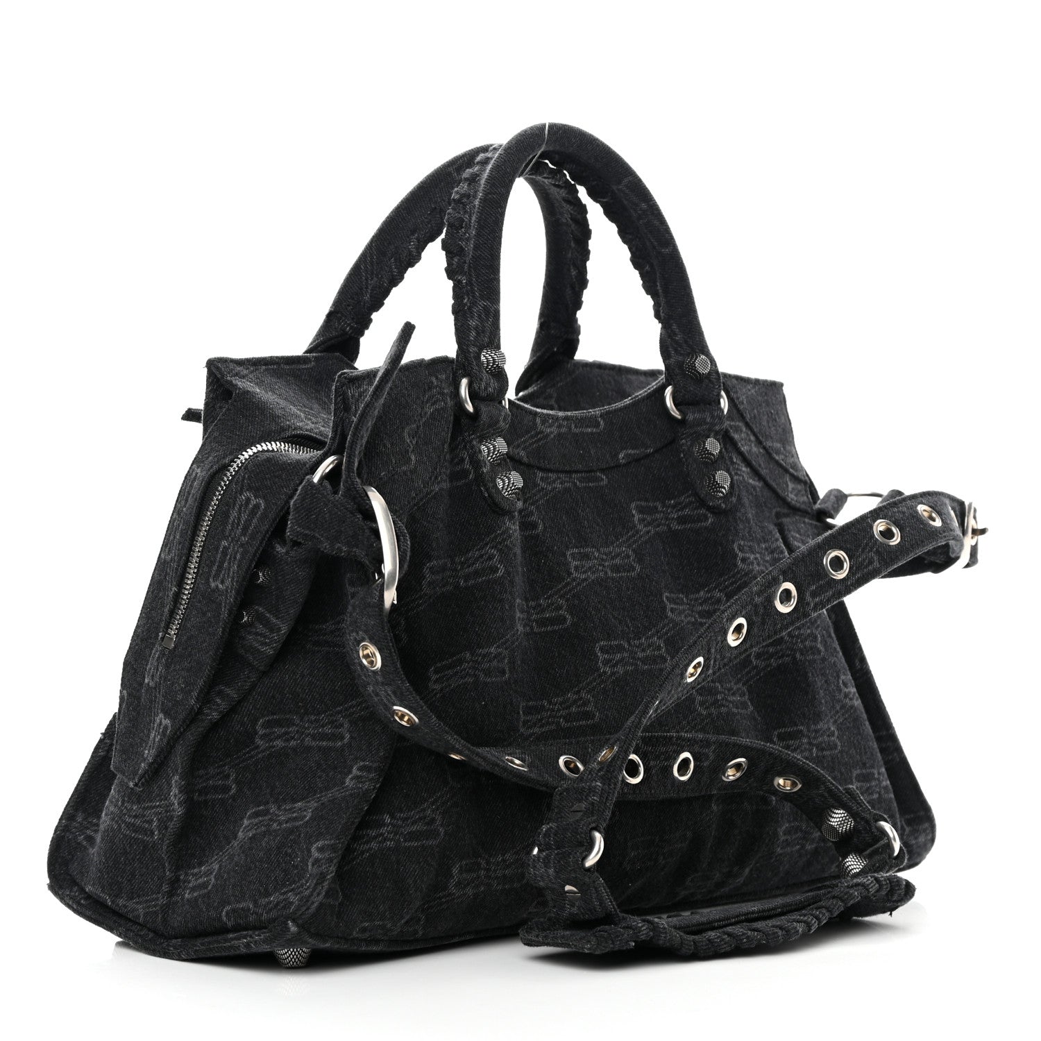 Balenciaga Washed Denim BB Monogram Neo Cagole City Handbag Black 3 of 13