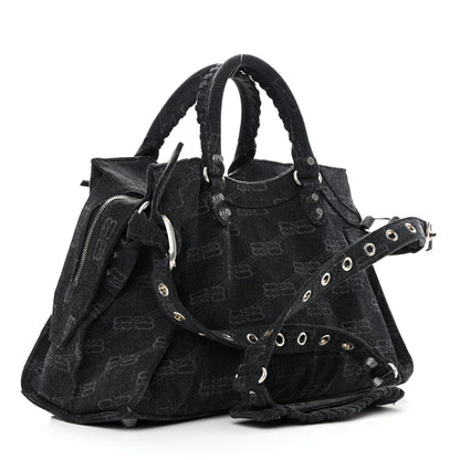 Balenciaga Washed Denim BB Monogram Neo Cagole City Handbag Black 3 of 13