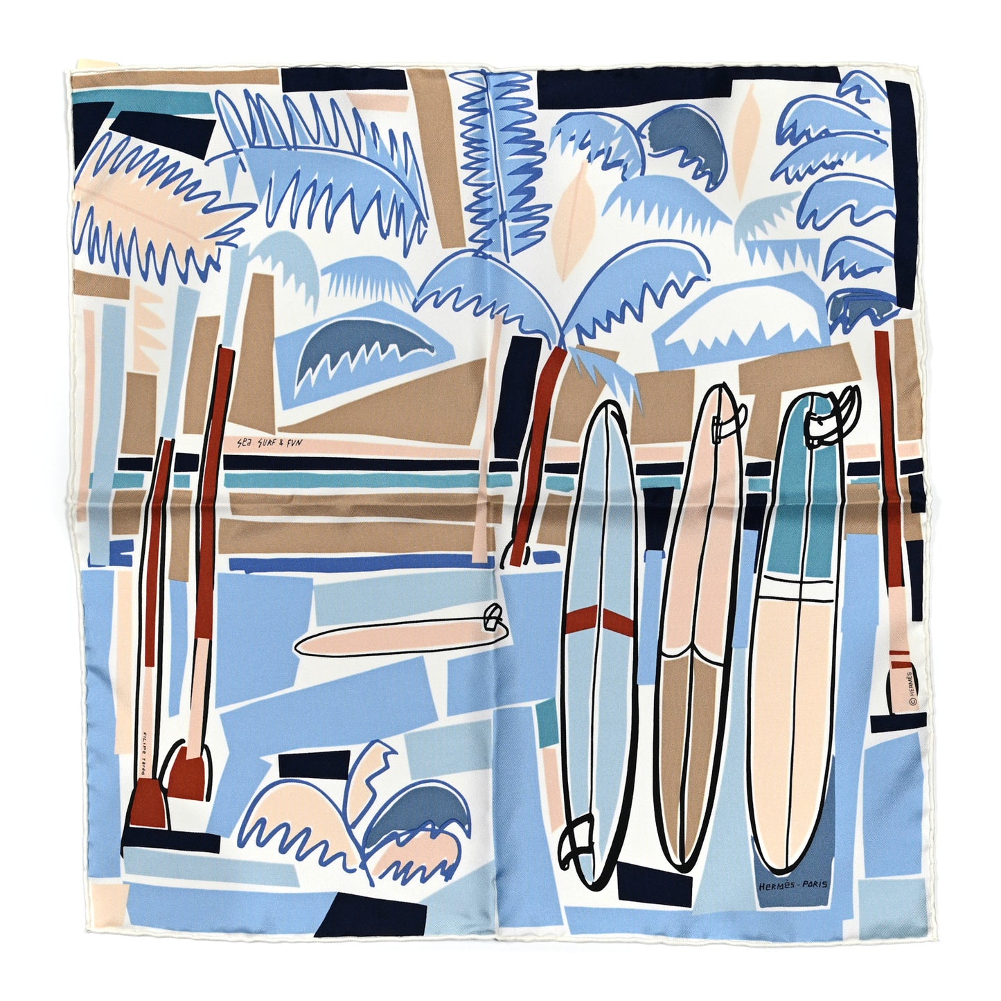 Silk Sea Surf and Fun Scarf 45 White Bleu Ciel Beige