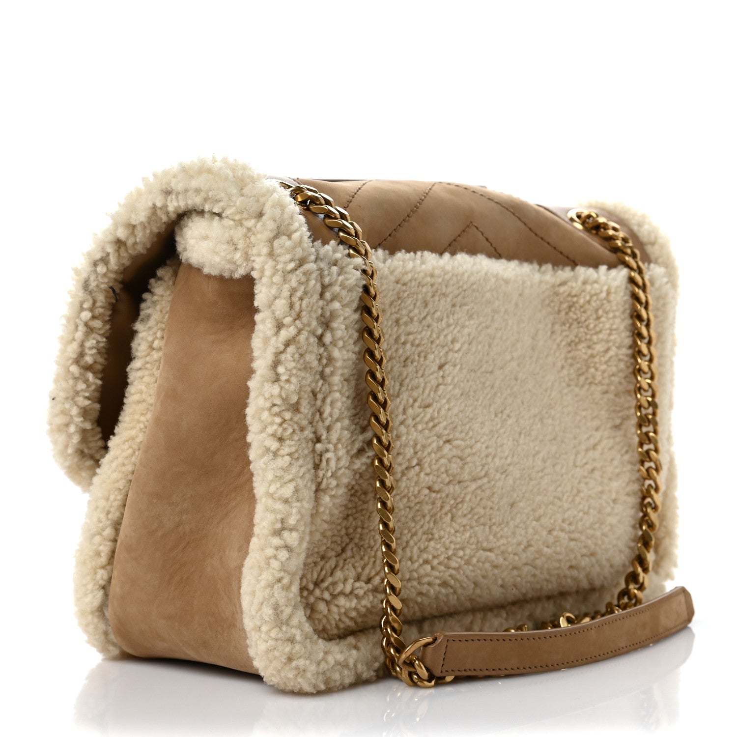 Saint Laurent Nubuck Shearling Monogram Medium Niki Chain Satchel Ivory Natural Tan 3 of 10
