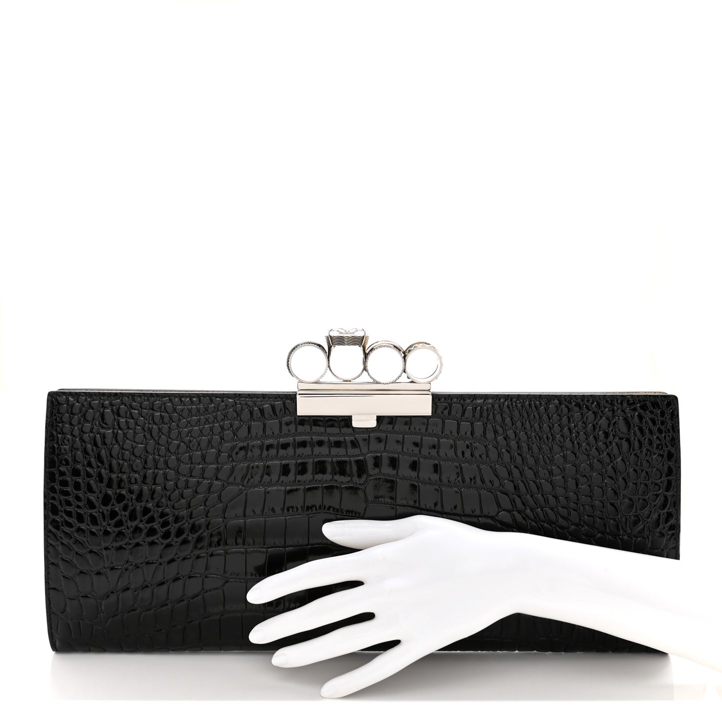 ALEXANDER MCQUEEN Calfskin Crocodile Embossed Knuckle Flat Clutch Black