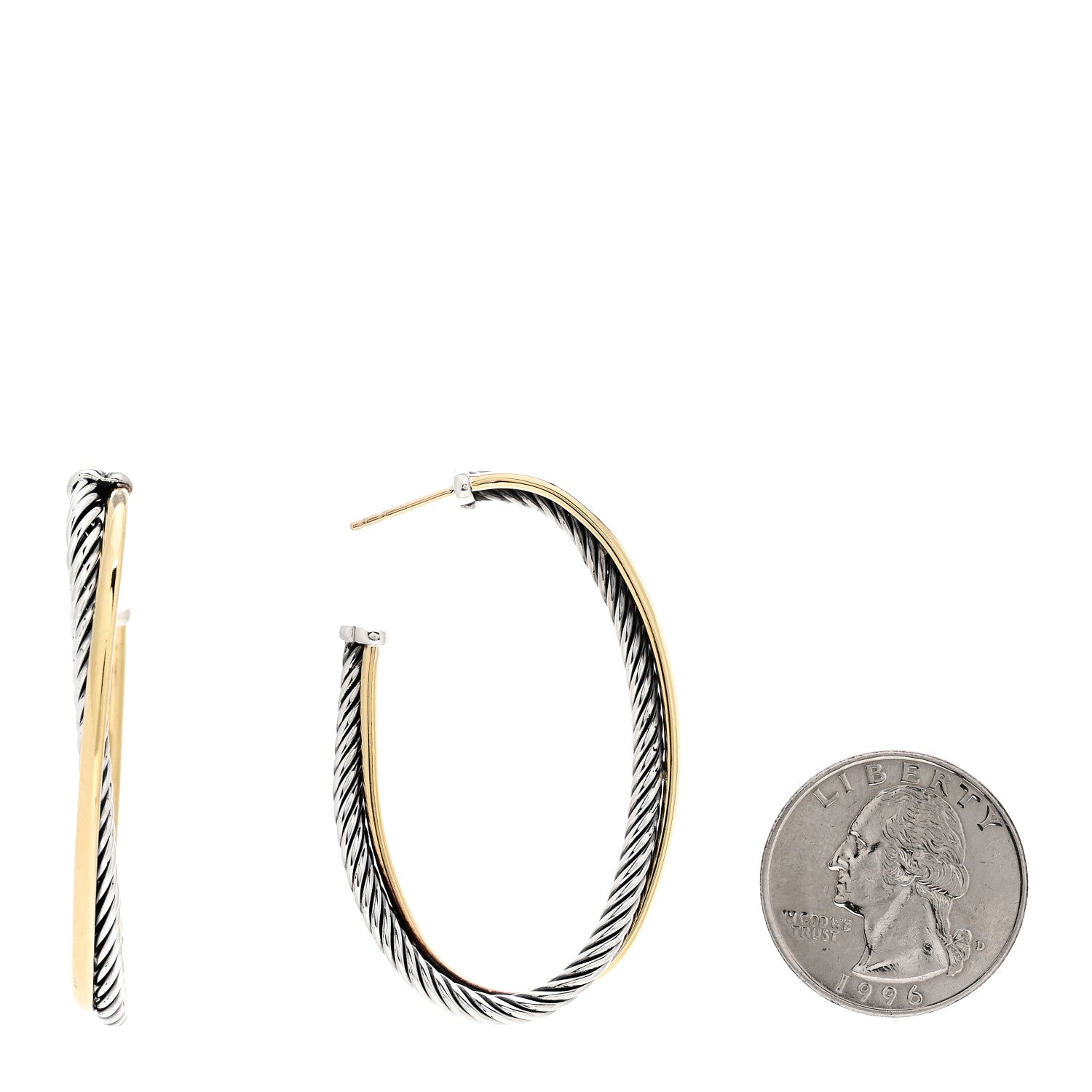 David Yurman Sterling Silver 18K Yellow Gold 48mm Large Oval Crossover Cable Hoop Earrings 2 of 4