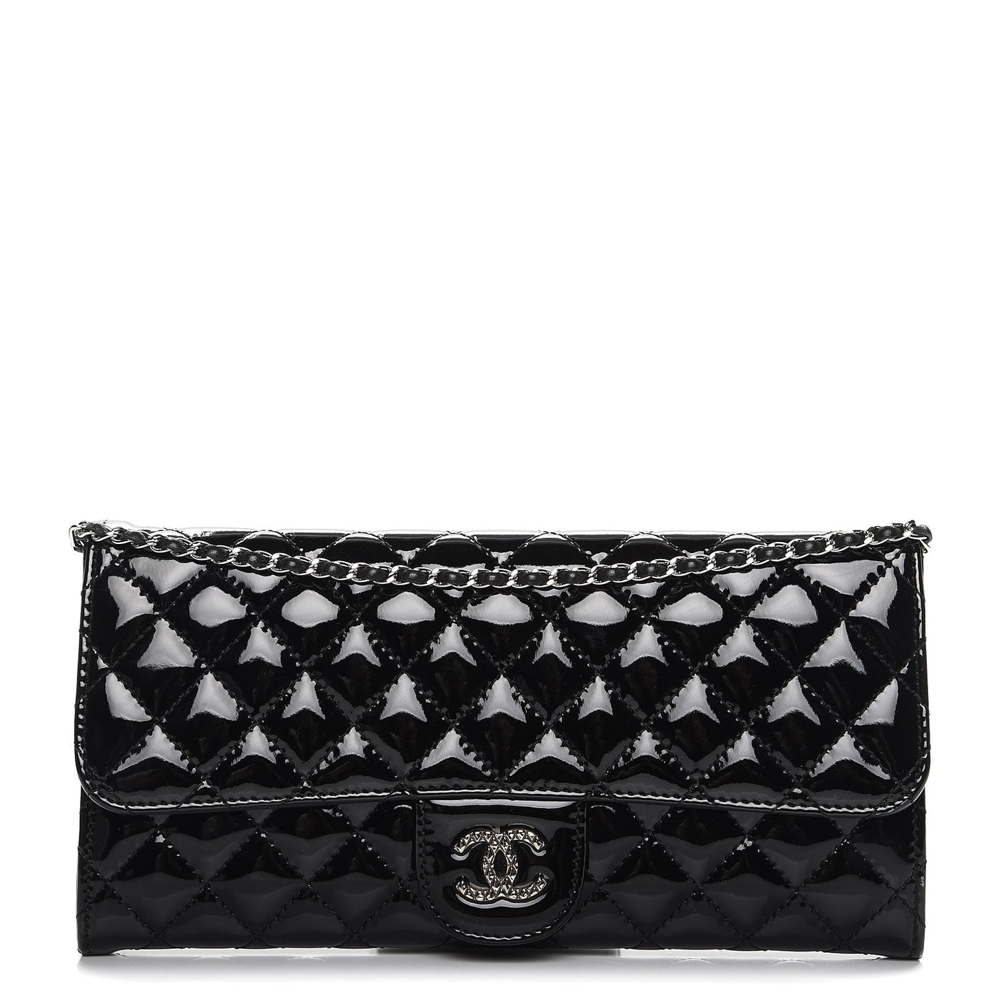 Patent Calfskin Quilted Brilliant East West Flap Clutch Black