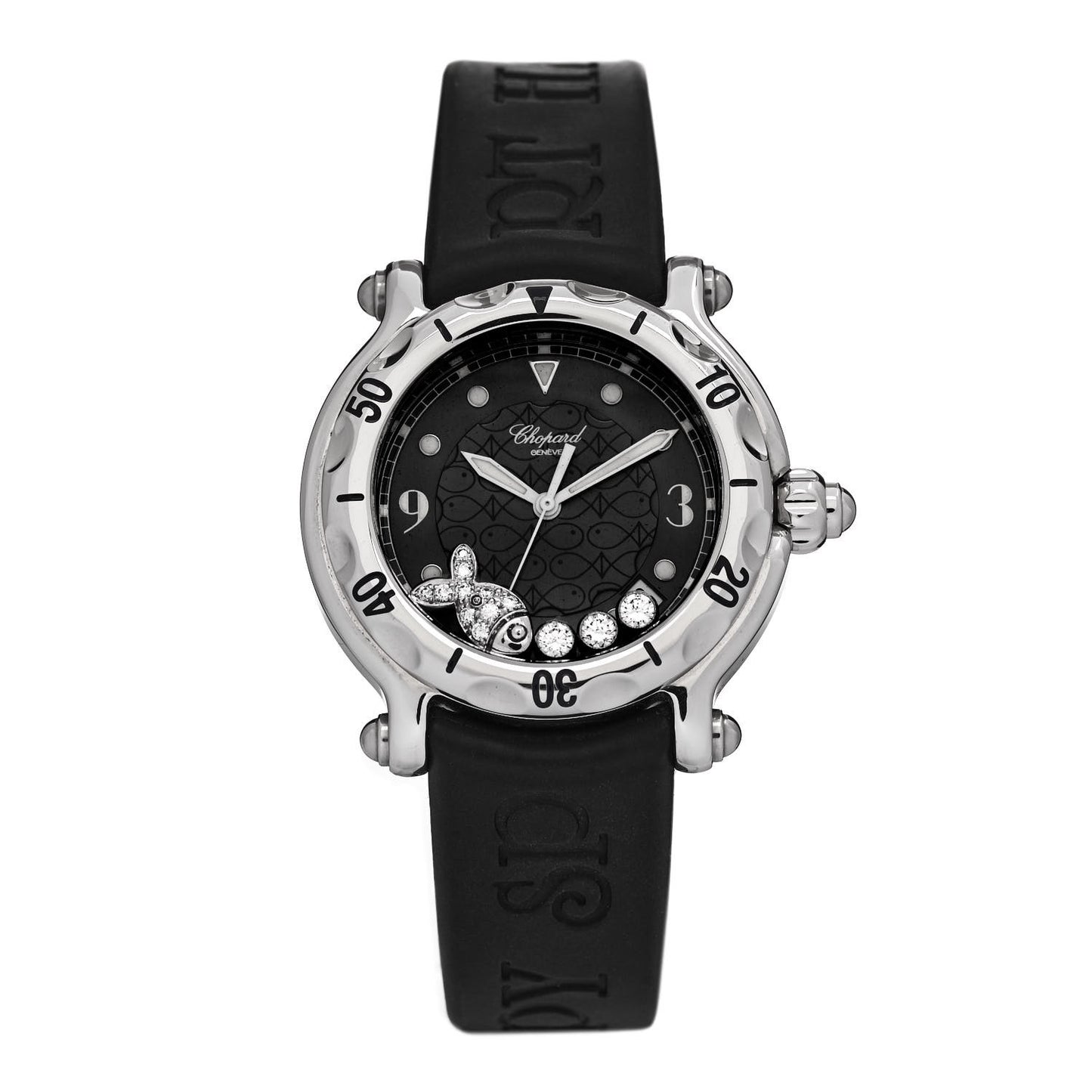 Stainless Steel Rubber Diamond 38mm Happy Sport Fish Quartz Watch Black