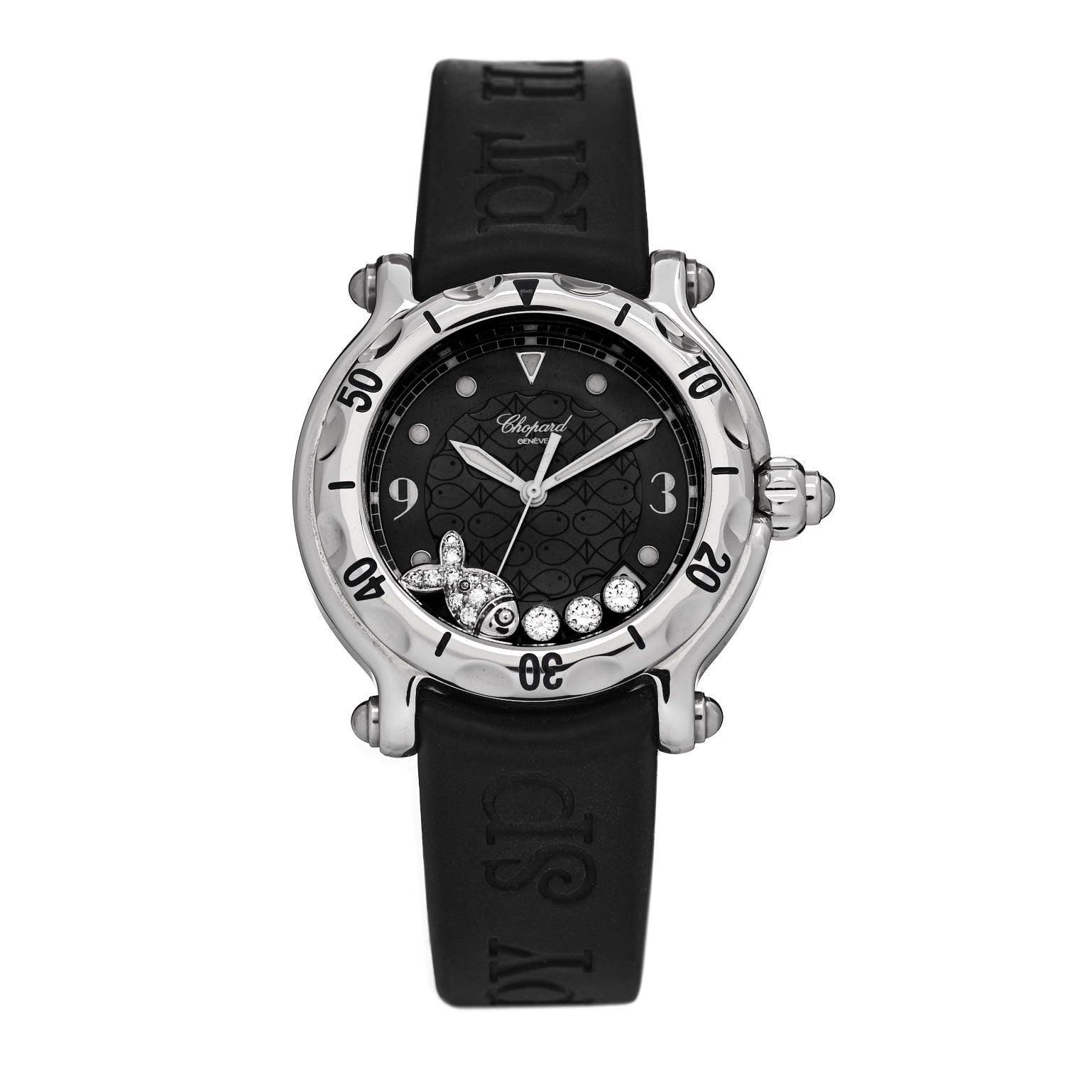 Chopard Stainless Steel Rubber Diamond 38mm Happy Sport Fish Quartz Watch Black 1 of 5