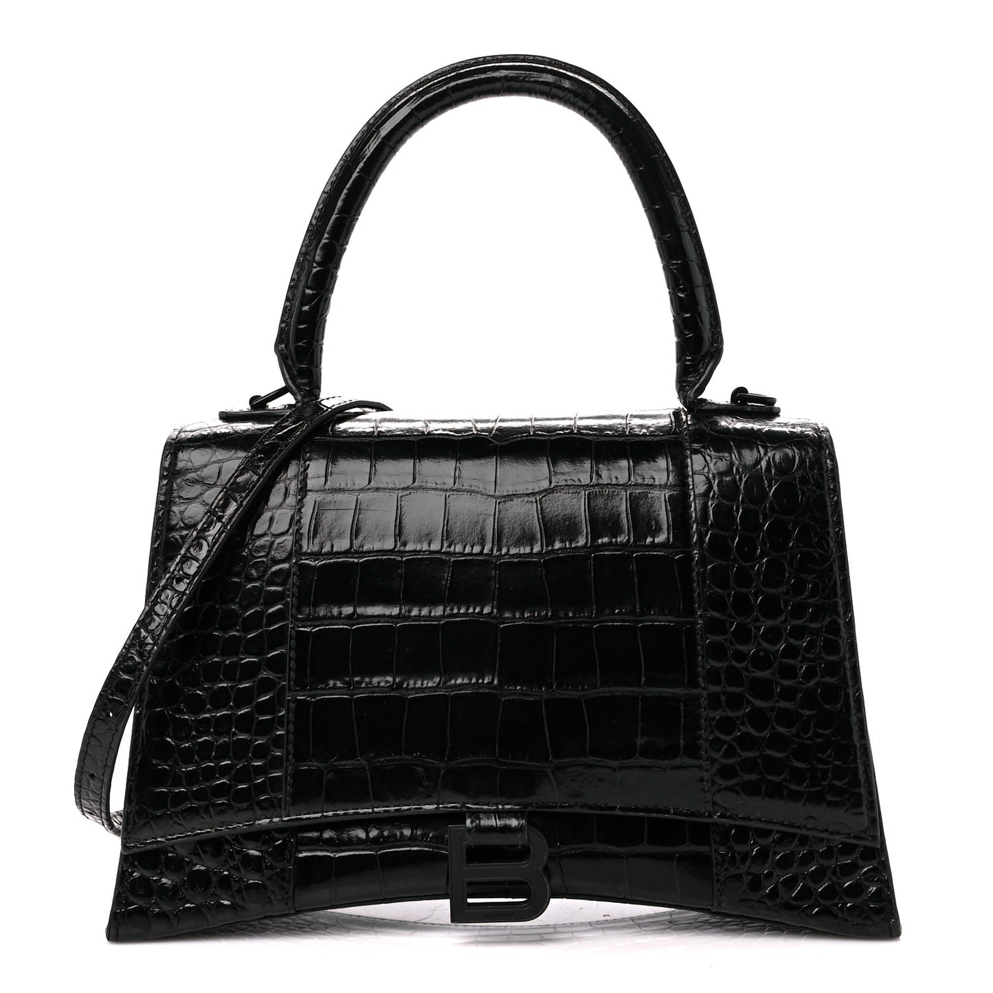Shiny Calfskin Monochrome Crocodile Embossed Medium Hourglass Top Handle Bag Black