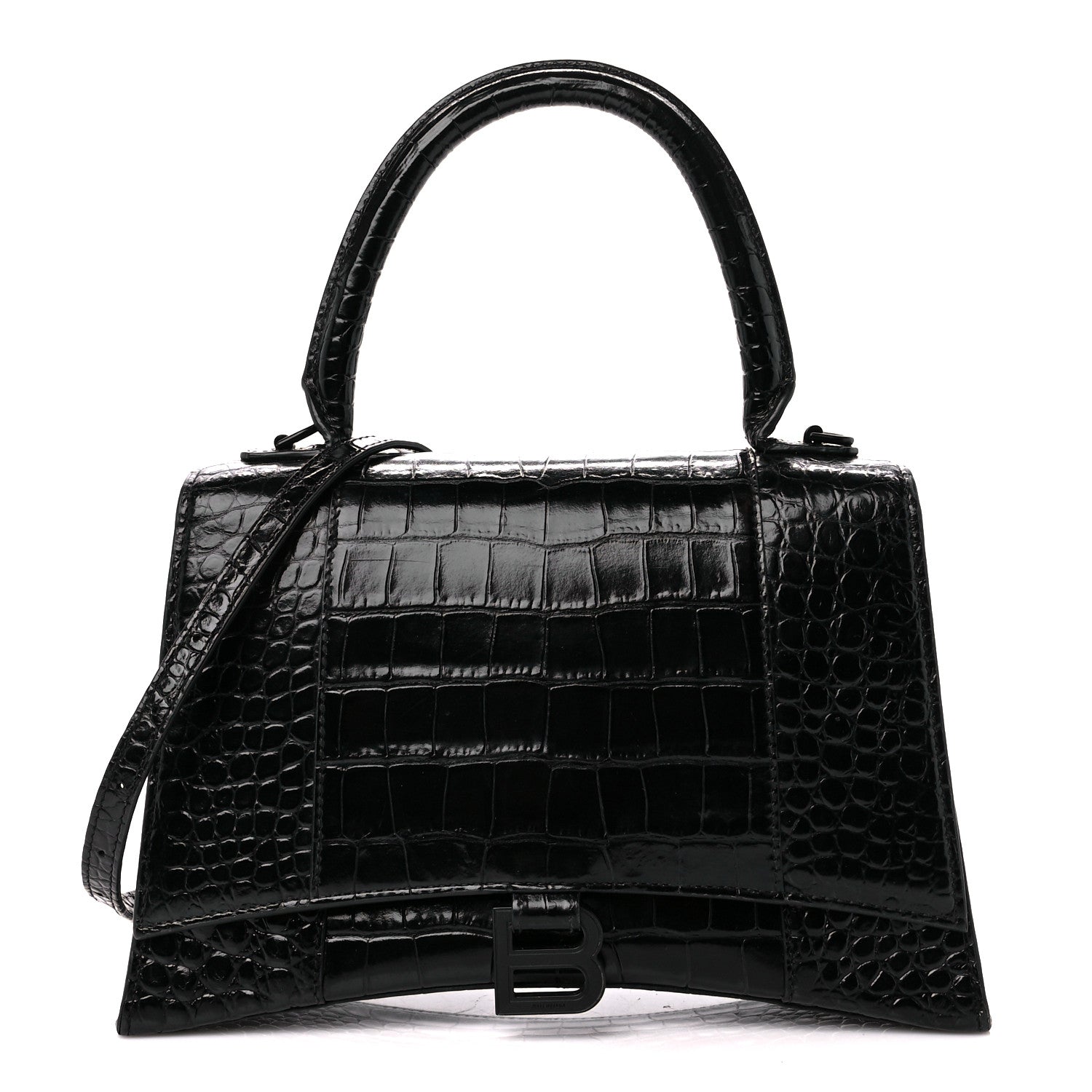 Balenciaga Shiny Calfskin Monochrome Crocodile Embossed Medium Hourglass Top Handle Bag Black 1 of 11