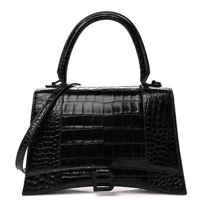 Balenciaga Shiny Calfskin Monochrome Crocodile Embossed Medium Hourglass Top Handle Bag Black 1 of 11