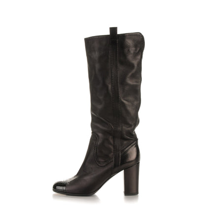 Chanel Lambskin Patent CC Cap Toe High Boots 37.5 Black 1 of 6