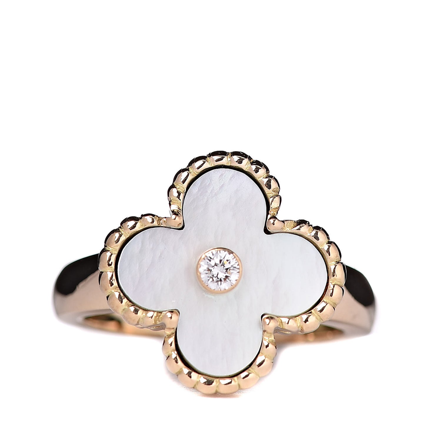 18K Yellow Gold Diamond Mother of Pearl Vintage Alhambra Ring 51 5.75