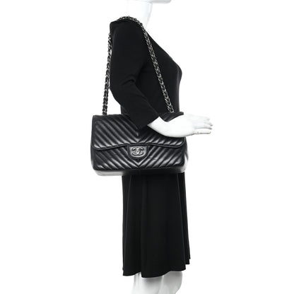 Chanel Iridescent Caviar Chevron Quilted Jumbo Double Flap Black 2 of 12