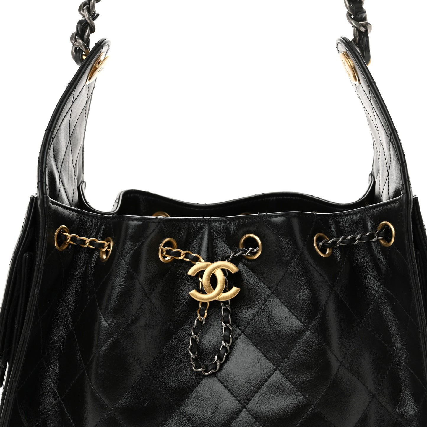 Shiny Crumpled Calfskin Quilted Small Chanel 25 Handbag Black
