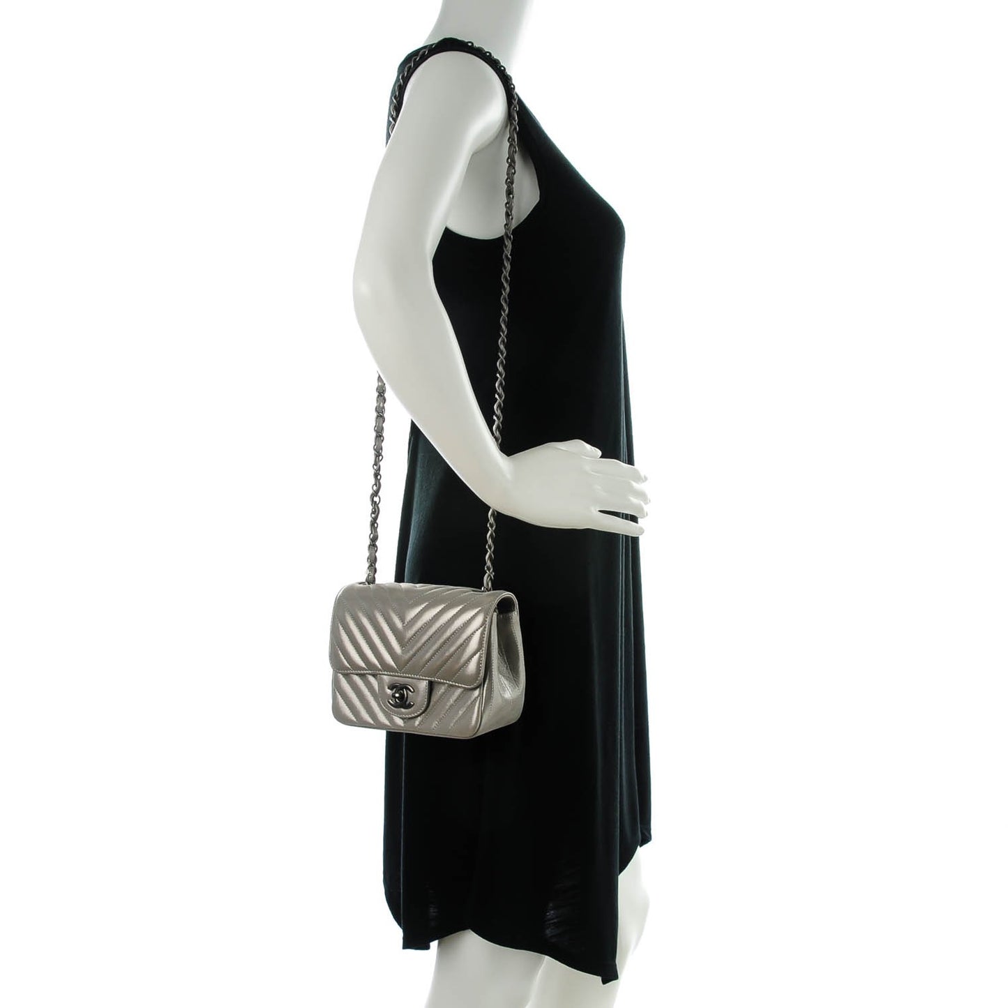 Iridescent Calfskin Chevron Quilted Mini Square Flap Silver