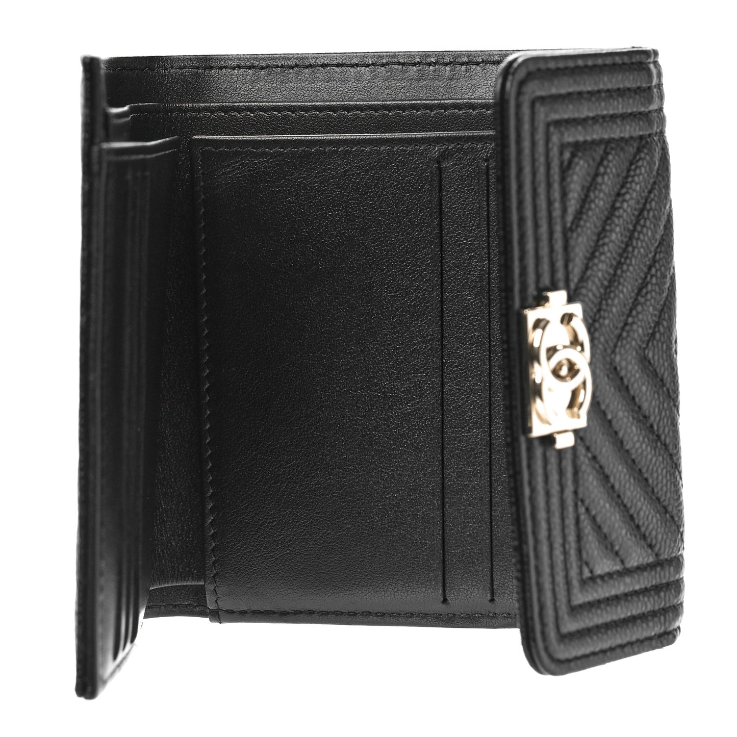 Caviar Chevron Quilted Boy Compact Wallet Black