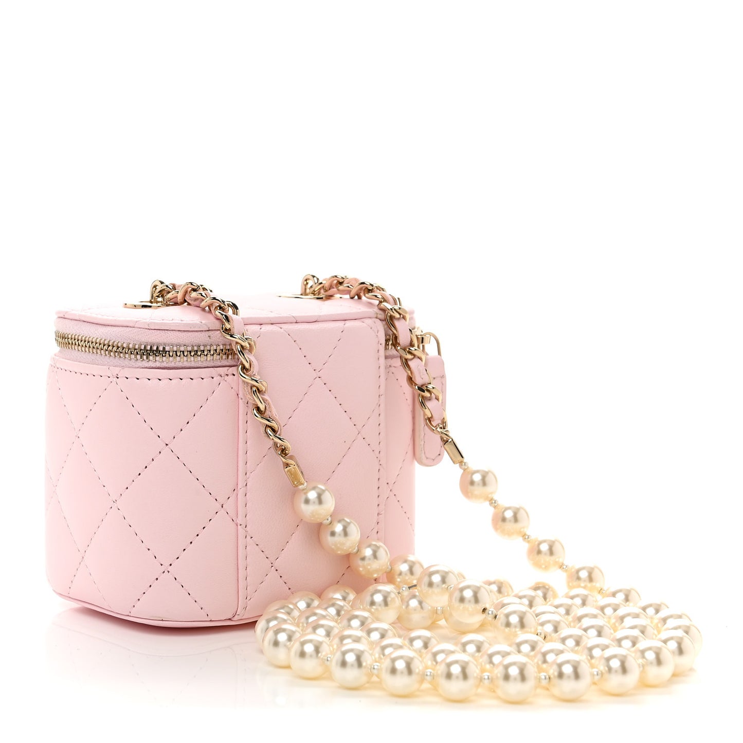 Lambskin Quilted Mini Vanity Case With Pearl Chain  Light Pink